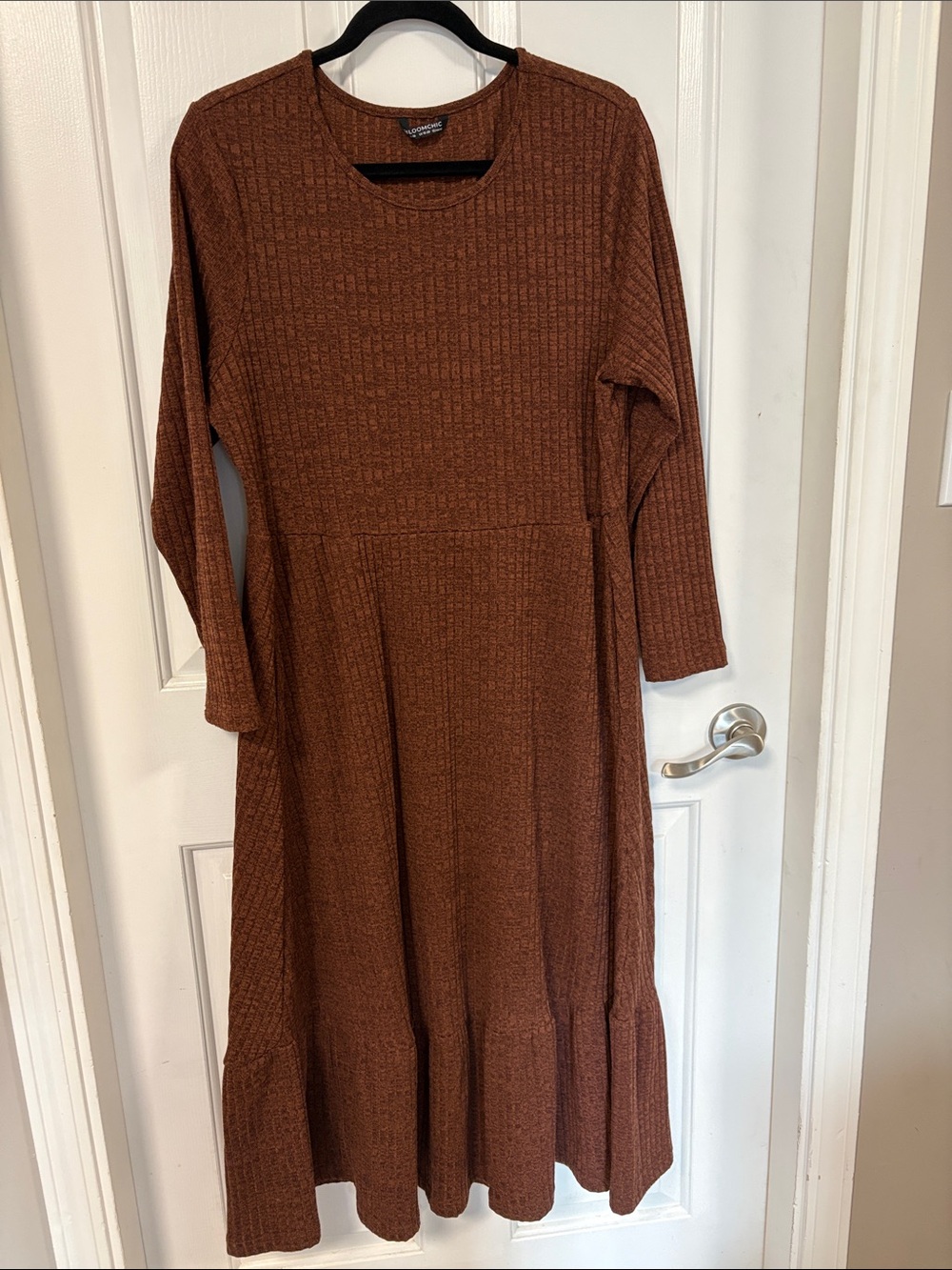 BloomChic Long Sleeve Ribbed Knit Maxi Dress in Rust